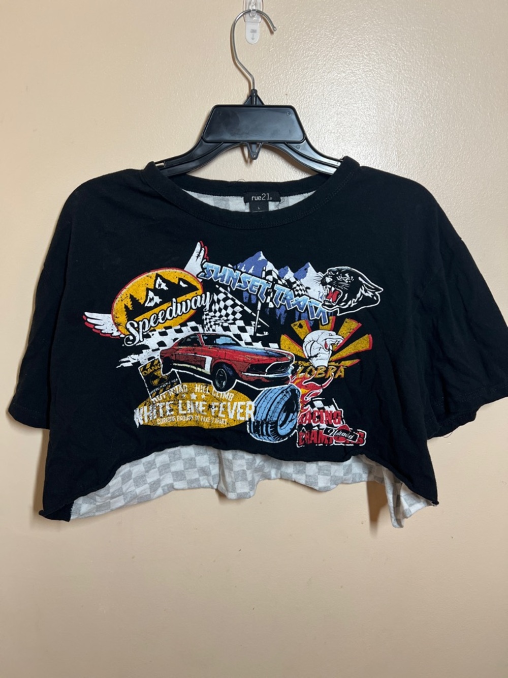 Rue21 Black Cropped Tee with Multicolor Speedway Graphic
